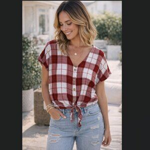 Red Plaid Button-Front Tie Hem Top